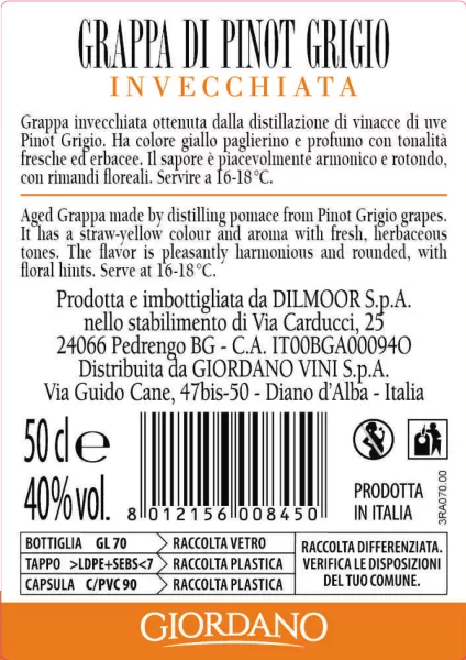 Grappa di Pinot | | Grigio Vini Giordano Vins Invecchiata
